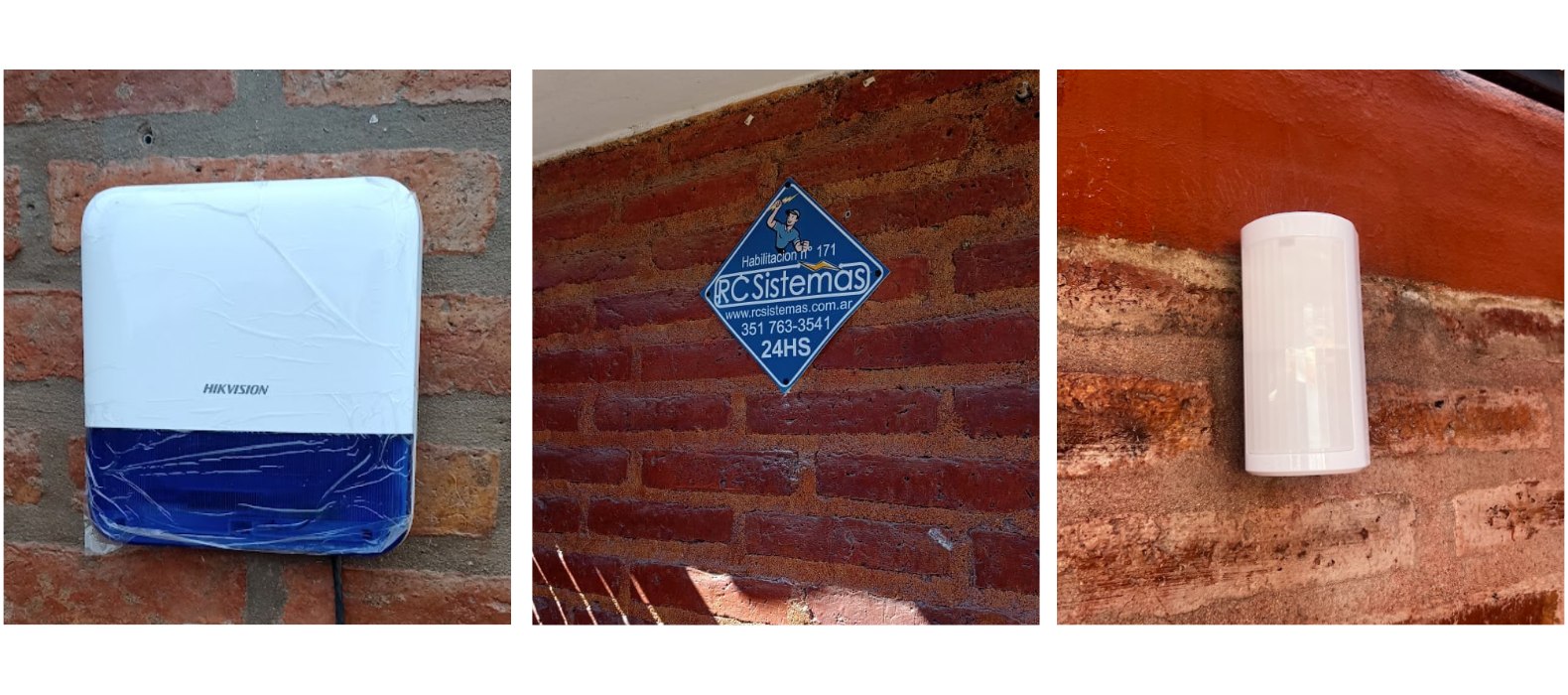 Sensor de movimiento y central de alarma en el techo de un galpón, cartel de RC Sistemas en el frente de un predio de colectivos, y teclado Hikvision de la alarma