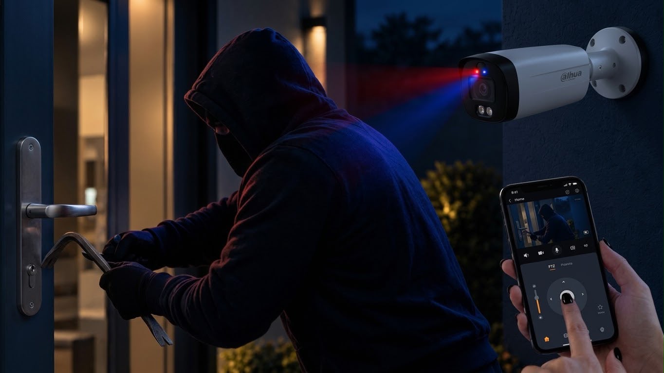 Cámara de seguridad enfocando a un intruso en la puerta de una vivienda, mientras el dueño mira la imagen desde el celular