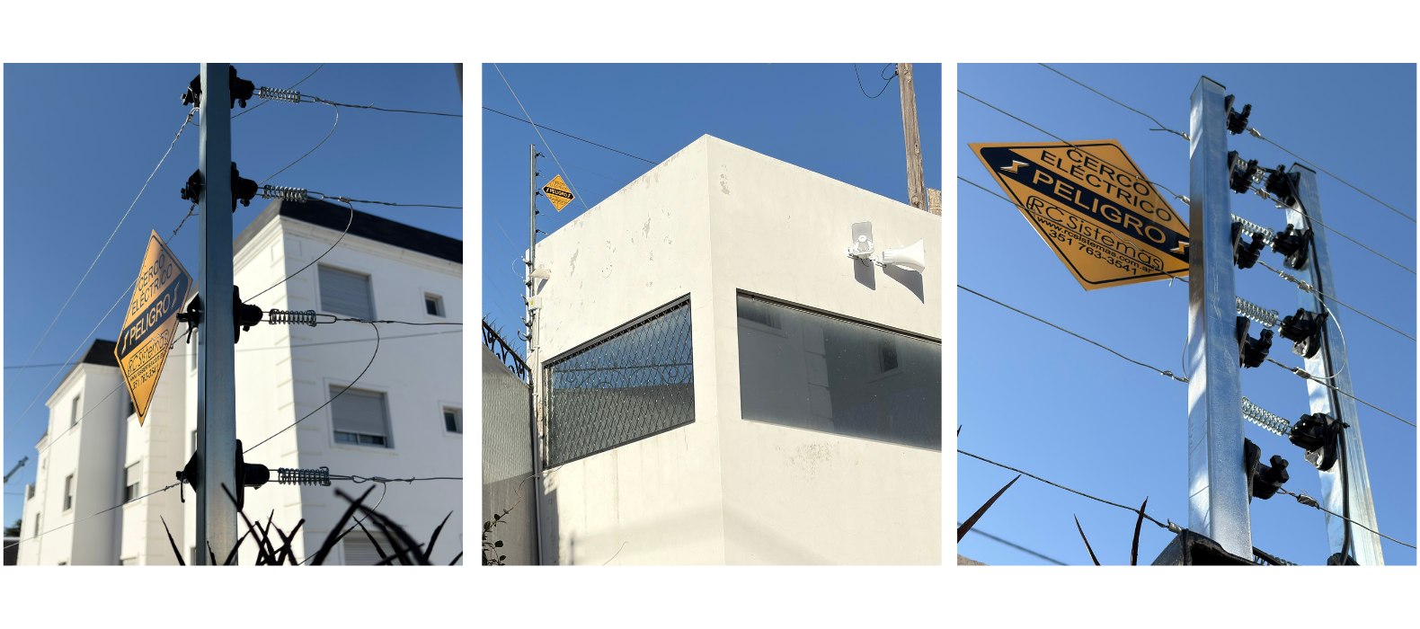 Cerco eléctrico con cartel de peligro sobre el muro de un edificio, cerco y sirena sobre la terraza de una vivienda blanca, y detalle del poste galvanizado con aisladores